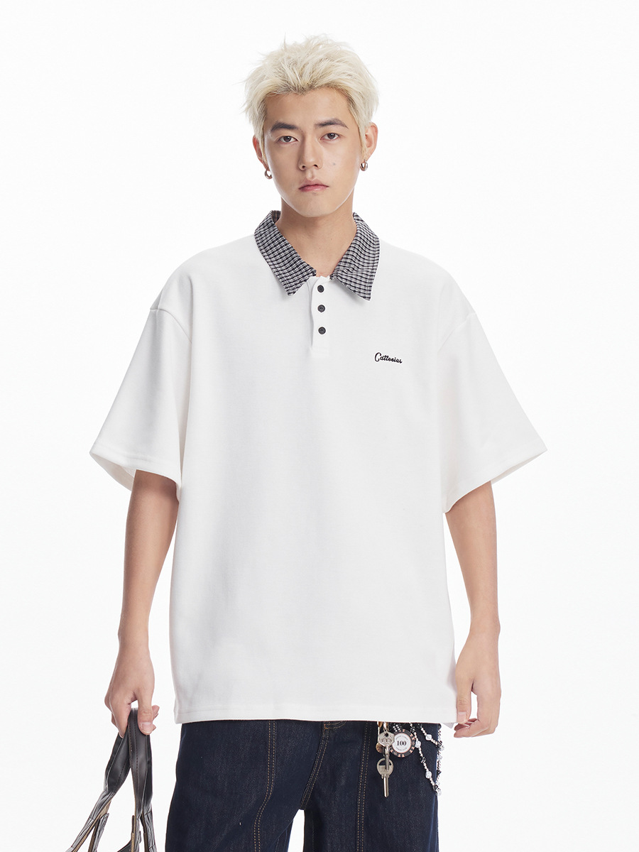 メンズ ユニセックス チェック柄襟半袖ポロシャツ 男女兼用全3色