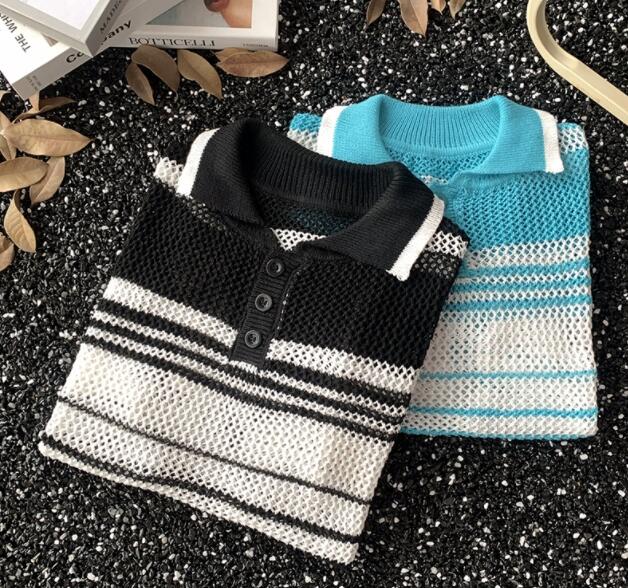 メンズ半袖ニットポロシャツ薄手ボーダー柄