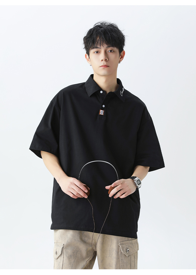 メンズ襟元刺繍ポロシャツ ゆったりシルエット半袖トップス