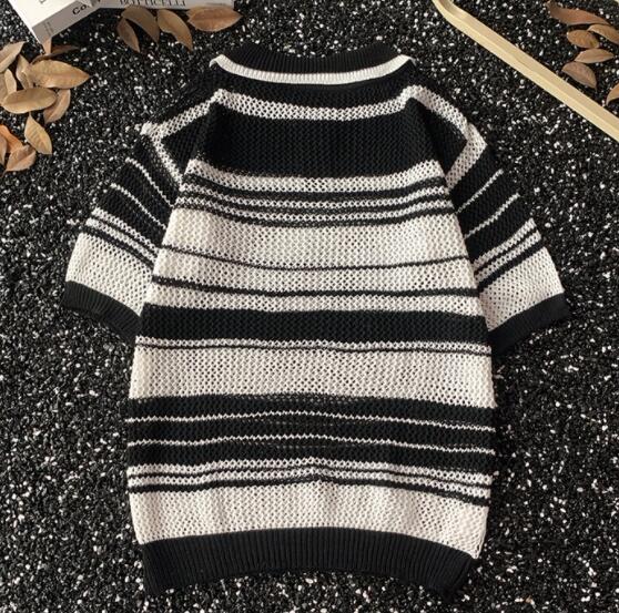 メンズ半袖ニットポロシャツ薄手ボーダー柄