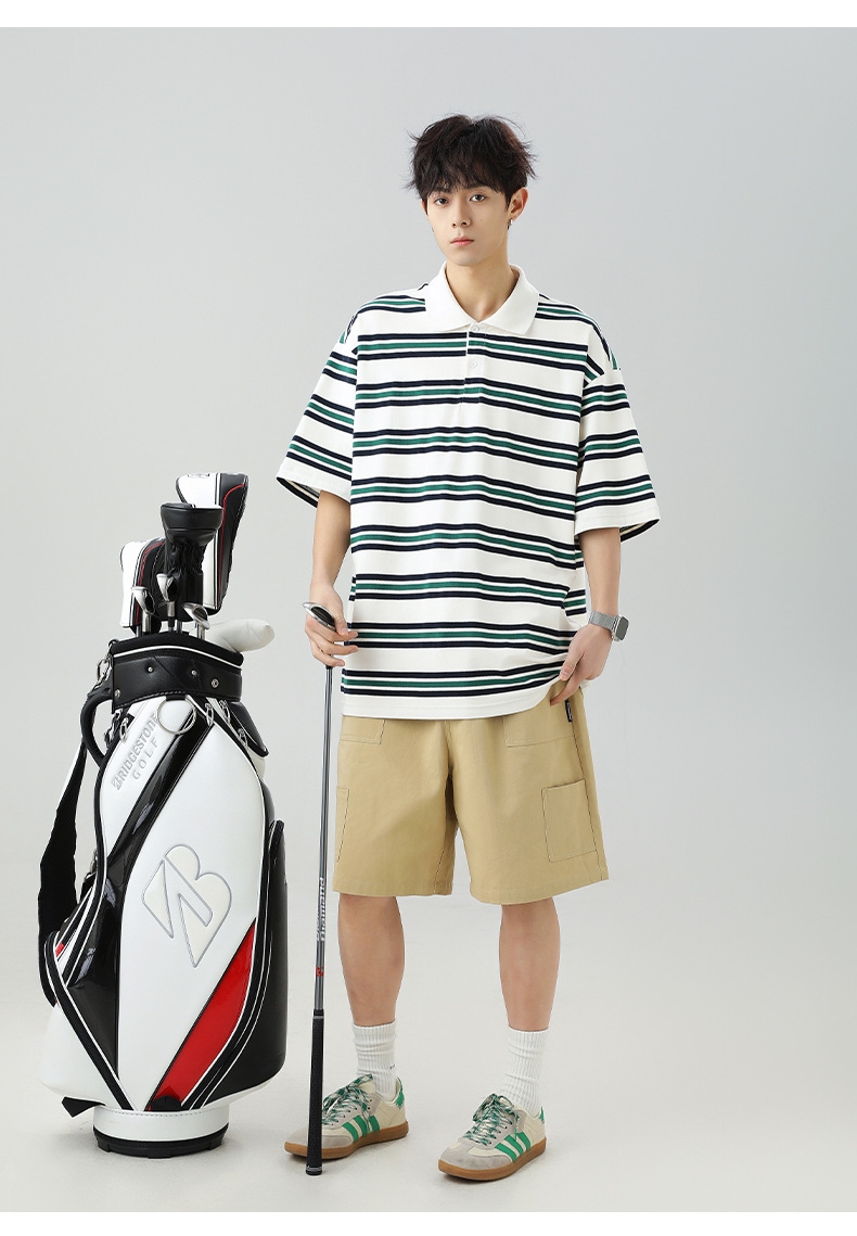 ボーダー柄半袖ポロシャツ男女兼用春夏新作