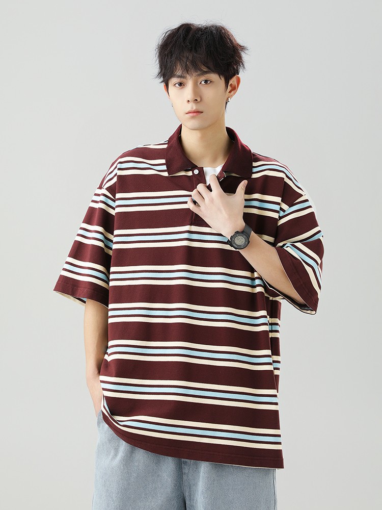 ボーダー柄半袖ポロシャツ男女兼用春夏新作