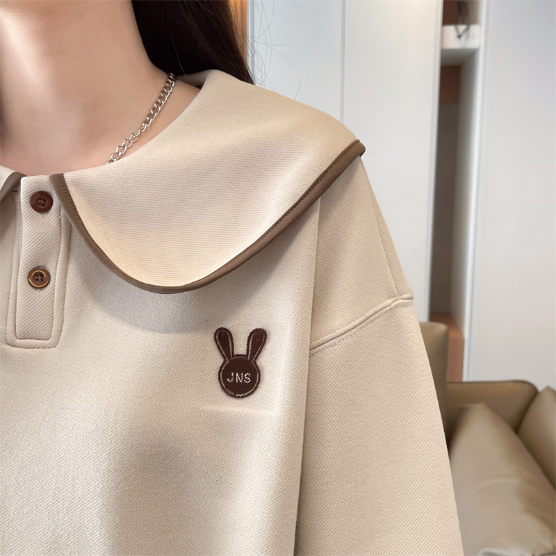 ポロシャツ スウェット うさぎ刺繍入り丸襟