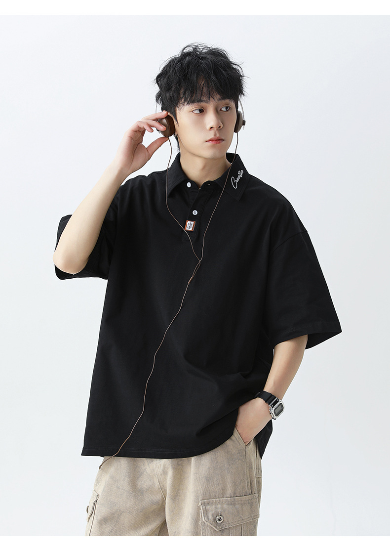 メンズ襟元刺繍ポロシャツ ゆったりシルエット半袖トップス