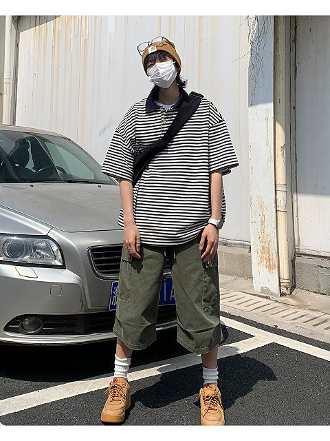 男女兼用ボーダー柄半袖ポロシャツ