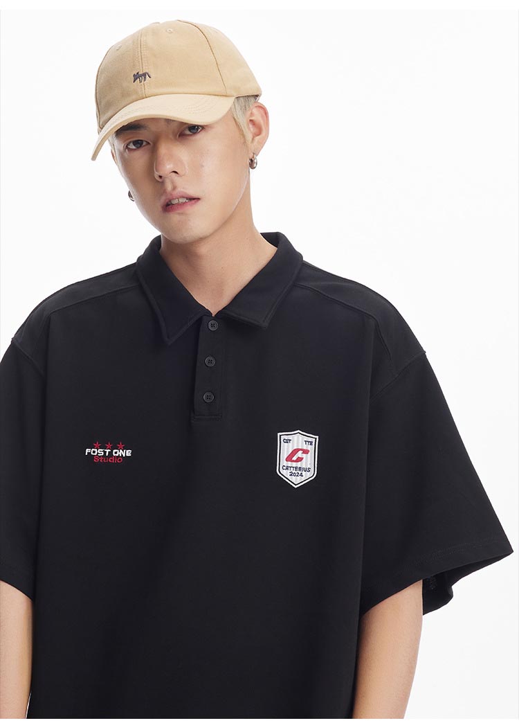 男女兼用 半袖ポロシャツ ワッペン付き オーバーサイズ 全4色