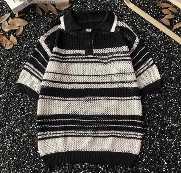 メンズ半袖ニットポロシャツ薄手ボーダー柄