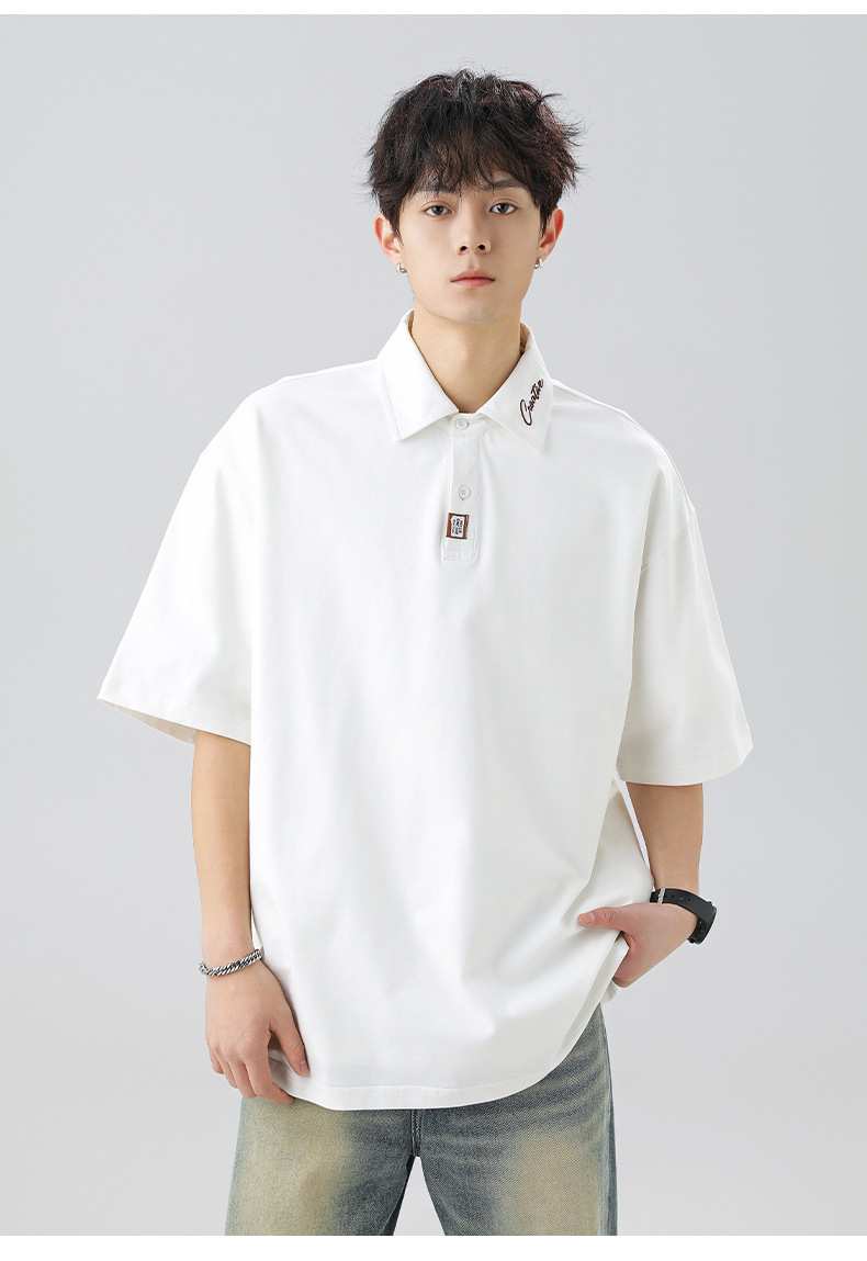 メンズ襟元刺繍ポロシャツ ゆったりシルエット半袖トップス