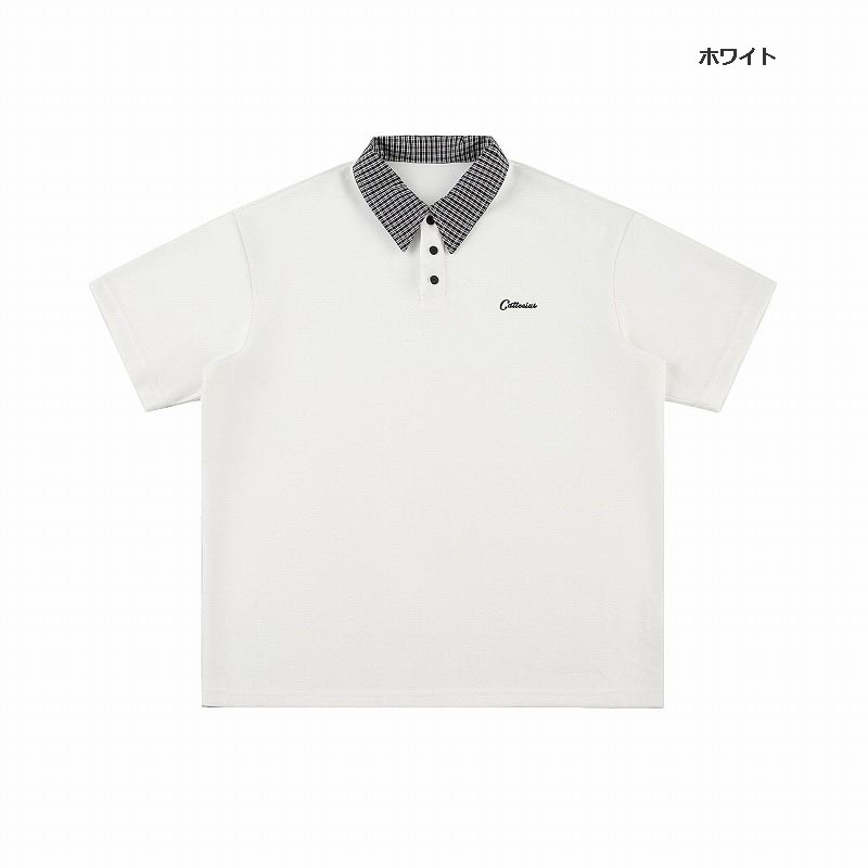 メンズ ユニセックス チェック柄襟半袖ポロシャツ 男女兼用全3色