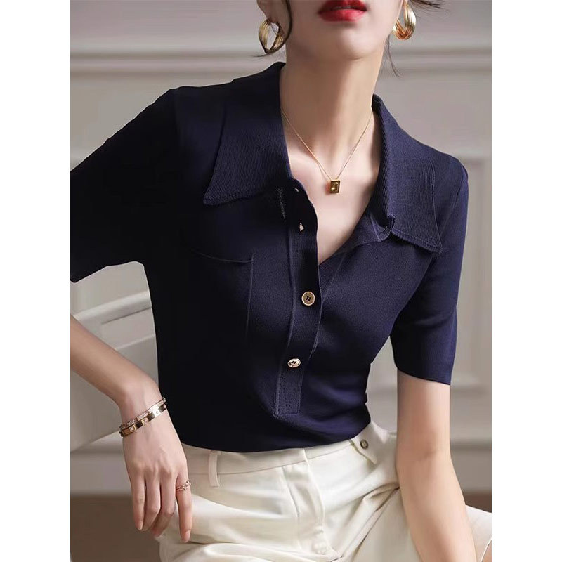 レディース ポロシャツ 胸ポケット付きニット素材の上品な半袖ポロシャツ