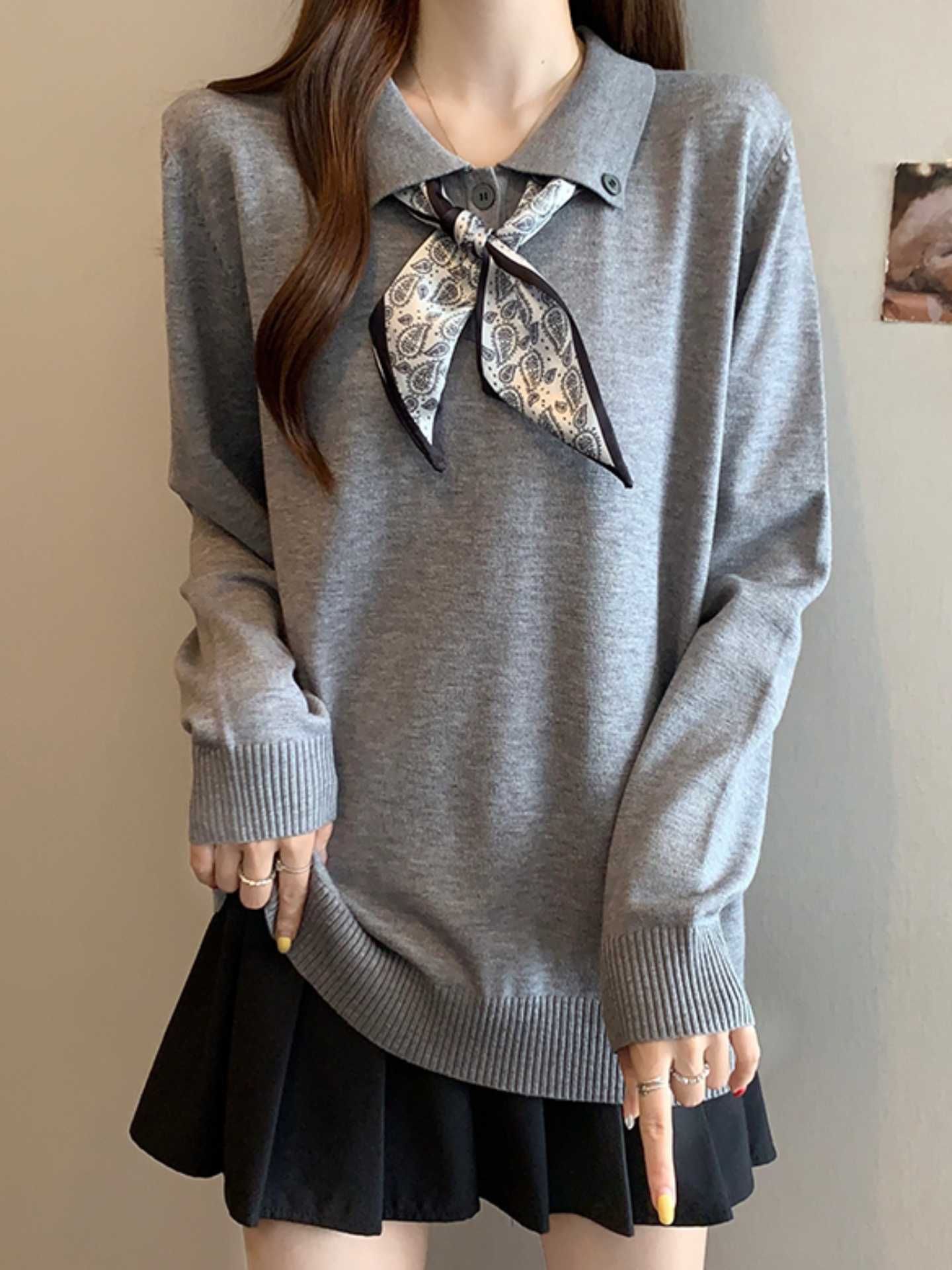 レディース ポロシャツ スカーフ付き襟デザインニット風長袖トップス