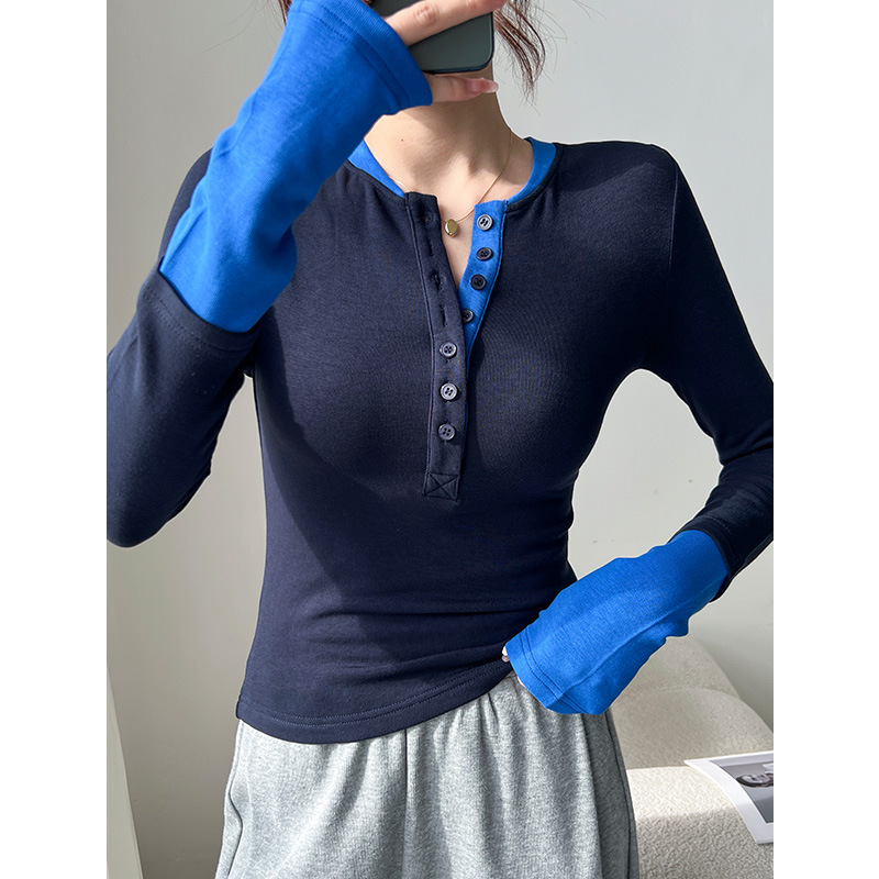 レディース ポロシャツ 配色デザイン前開きボタン長袖ポロシャツ