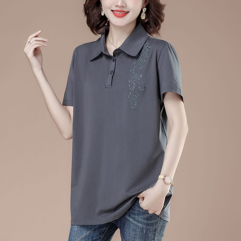 レディース ポロシャツ 花刺繍デザイン襟付きゆったりシルエットトップス