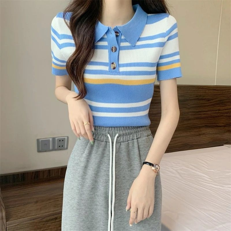 レディース ポロシャツ 横縞模様の半袖ニット襟付きトップス