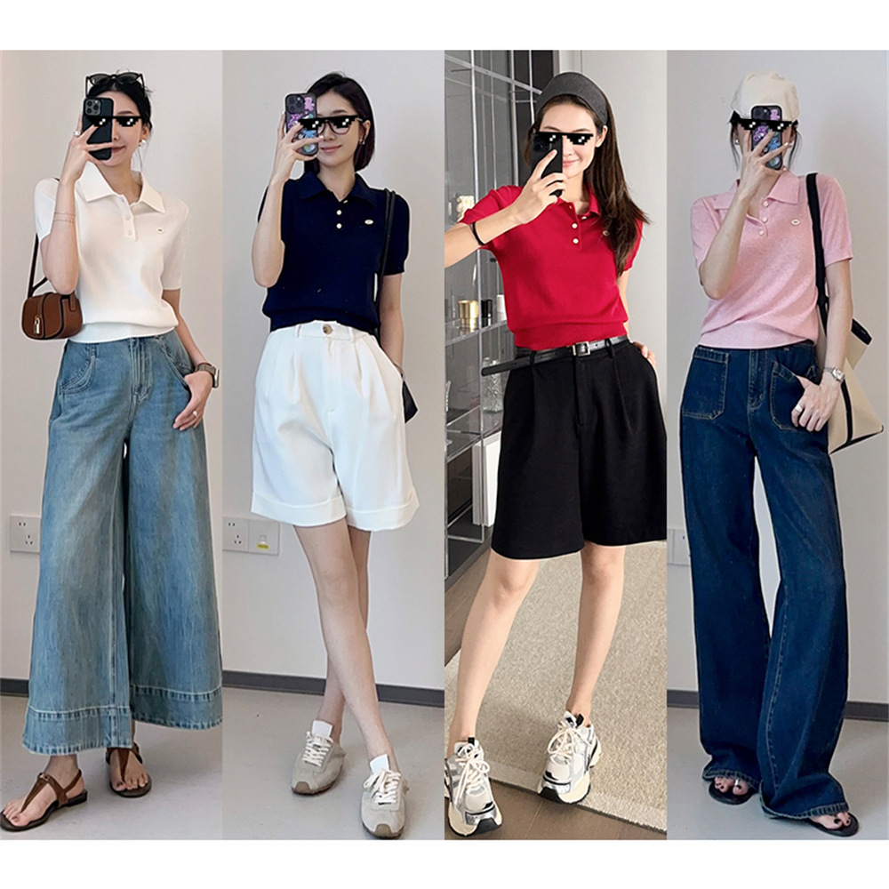 レディース ポロシャツ 上品なニット素材の襟付き半袖トップス