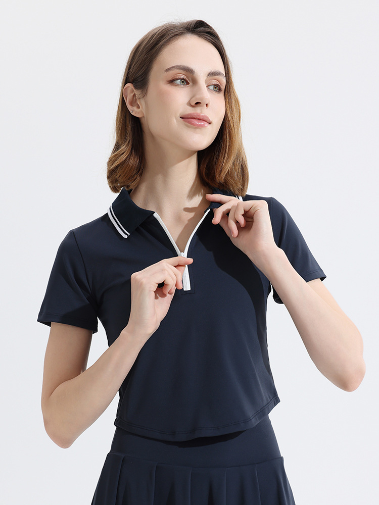 レディース ポロシャツ 襟配色ラインジップアップ半袖ポロシャツ