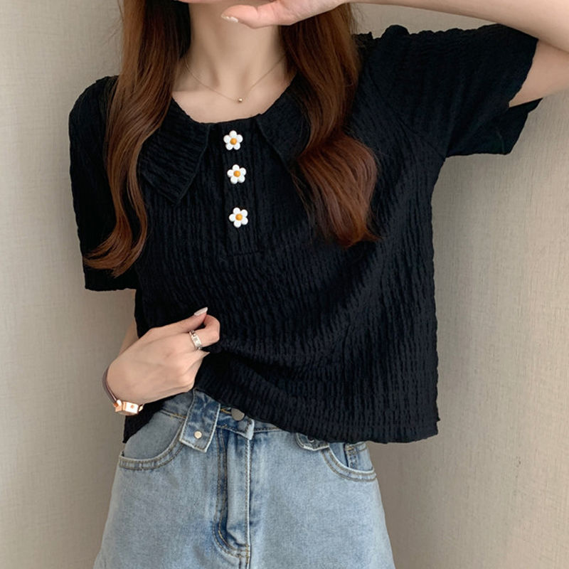レディース ポロシャツ 花モチーフボタン襟付きニット風半袖トップス