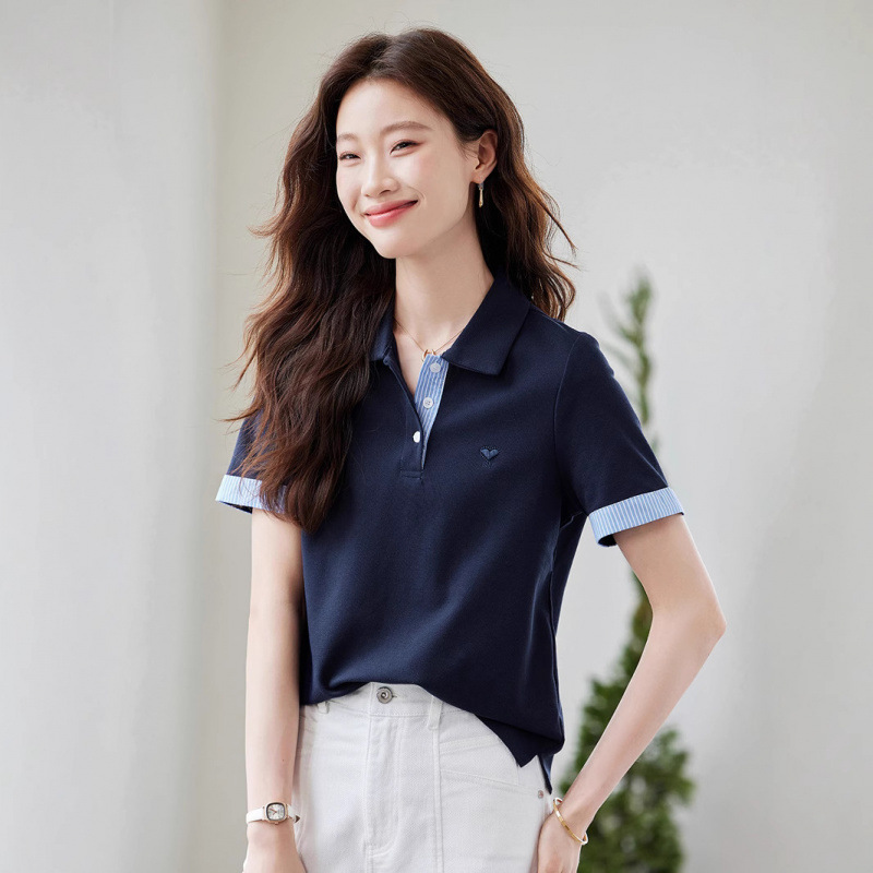 レディース ポロシャツ 襟元ストライプ配色切替半袖ポロシャツ