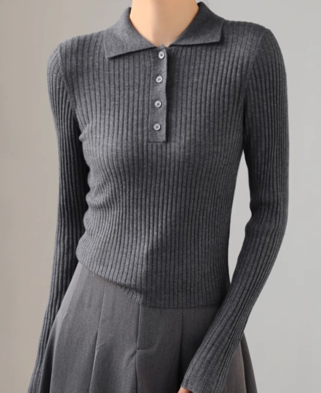 レディース ポロシャツ 縦リブ編み襟付き長袖ニットポロシャツ