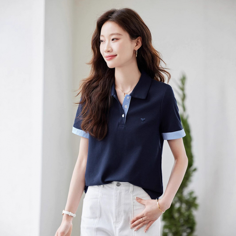 レディース ポロシャツ 襟元ストライプ配色切替半袖ポロシャツ