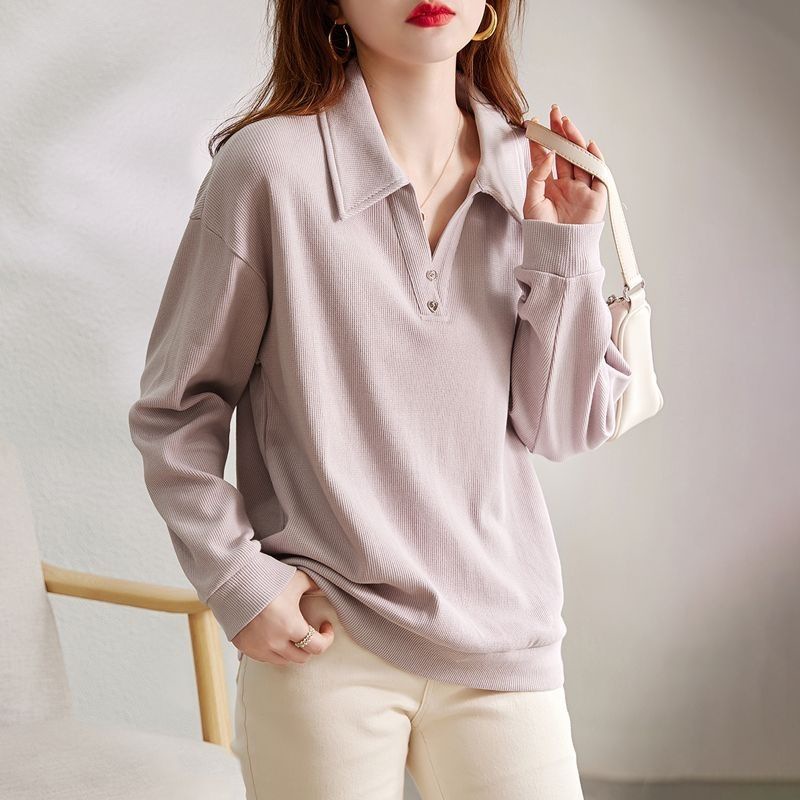 レディース ポロシャツ 襟付きリブ編みゆったりシルエットニットポロ