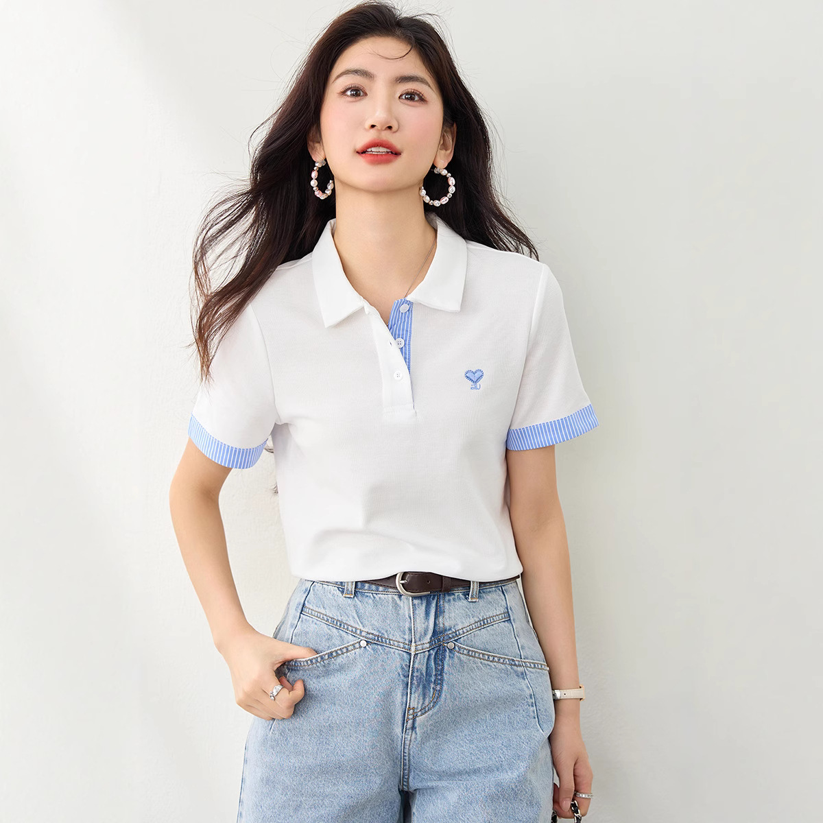 レディース ポロシャツ 配色ハート刺繍入りストライプ袖口半袖ポロシャツ