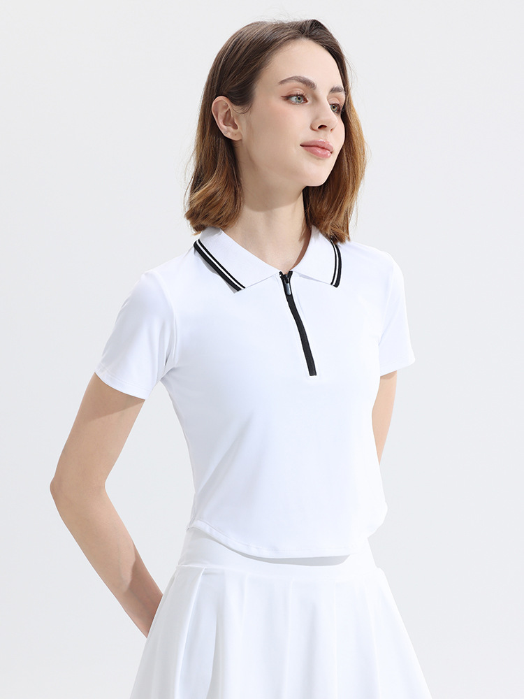 レディース ポロシャツ 襟配色ラインジップアップ半袖ポロシャツ