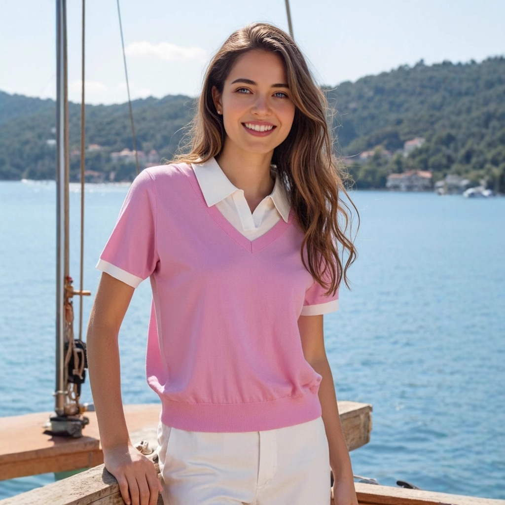 レディース ポロシャツ 襟付き配色デザイン半袖ニットポロシャツ