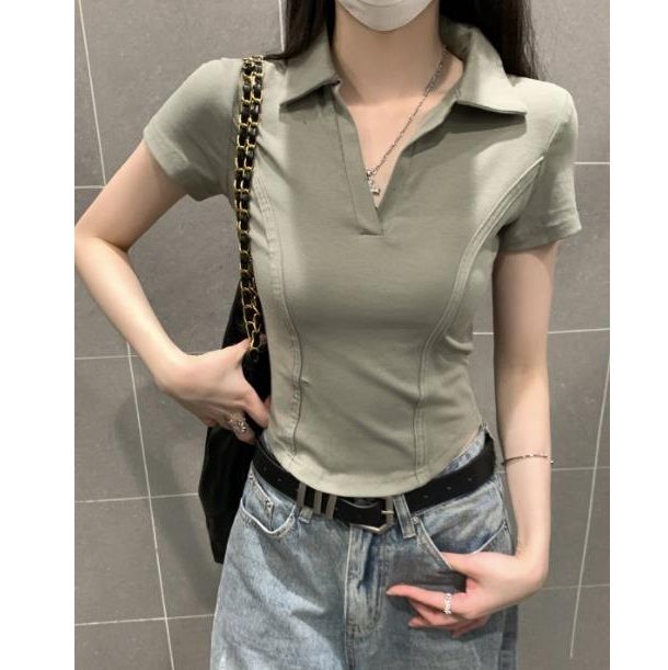 ポロシャツ レディース 2024春夏新作 レディース半袖ポロシャツ 無地スリムフィット