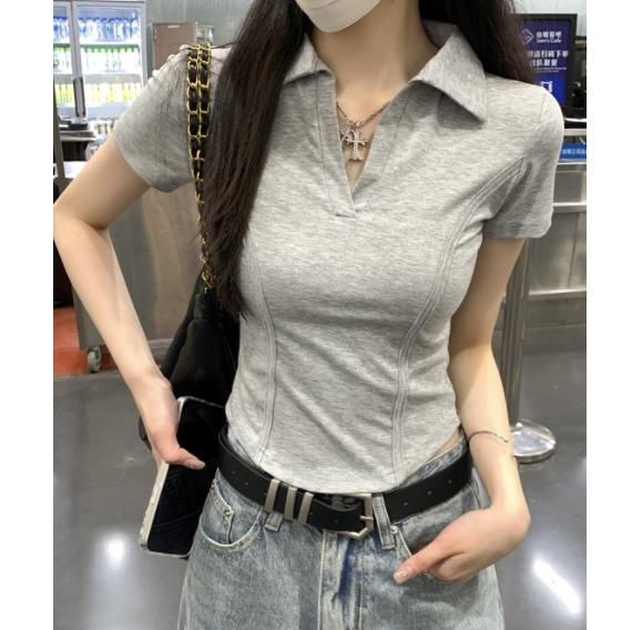 ポロシャツ レディース 2024春夏新作 レディース半袖ポロシャツ 無地スリムフィット