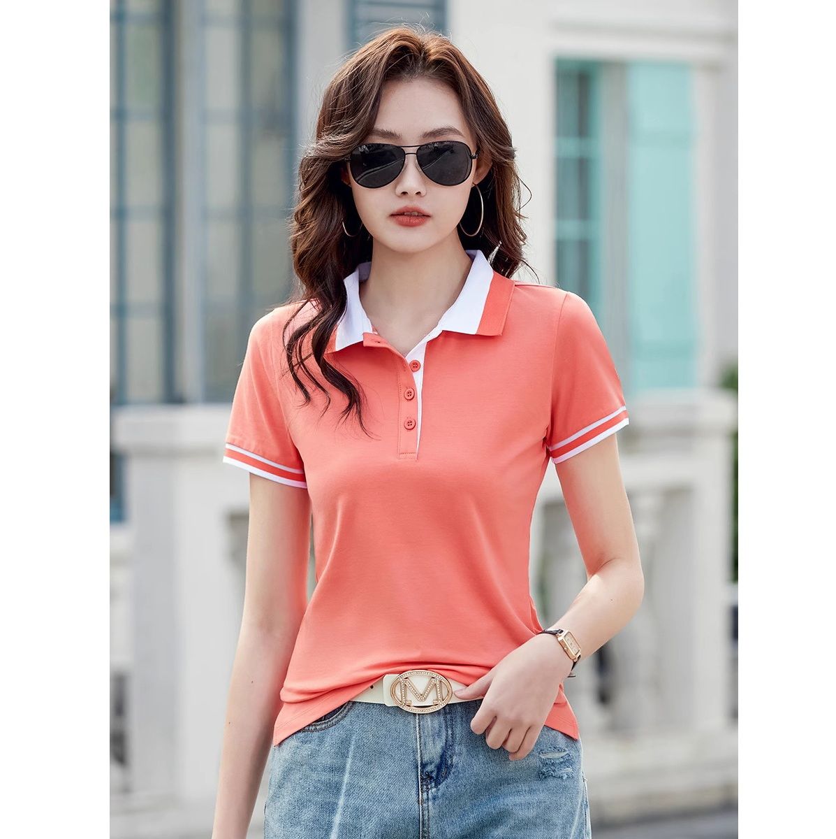 ポロシャツ レディース 配色切り替えデザイン襟付き半袖シャツ