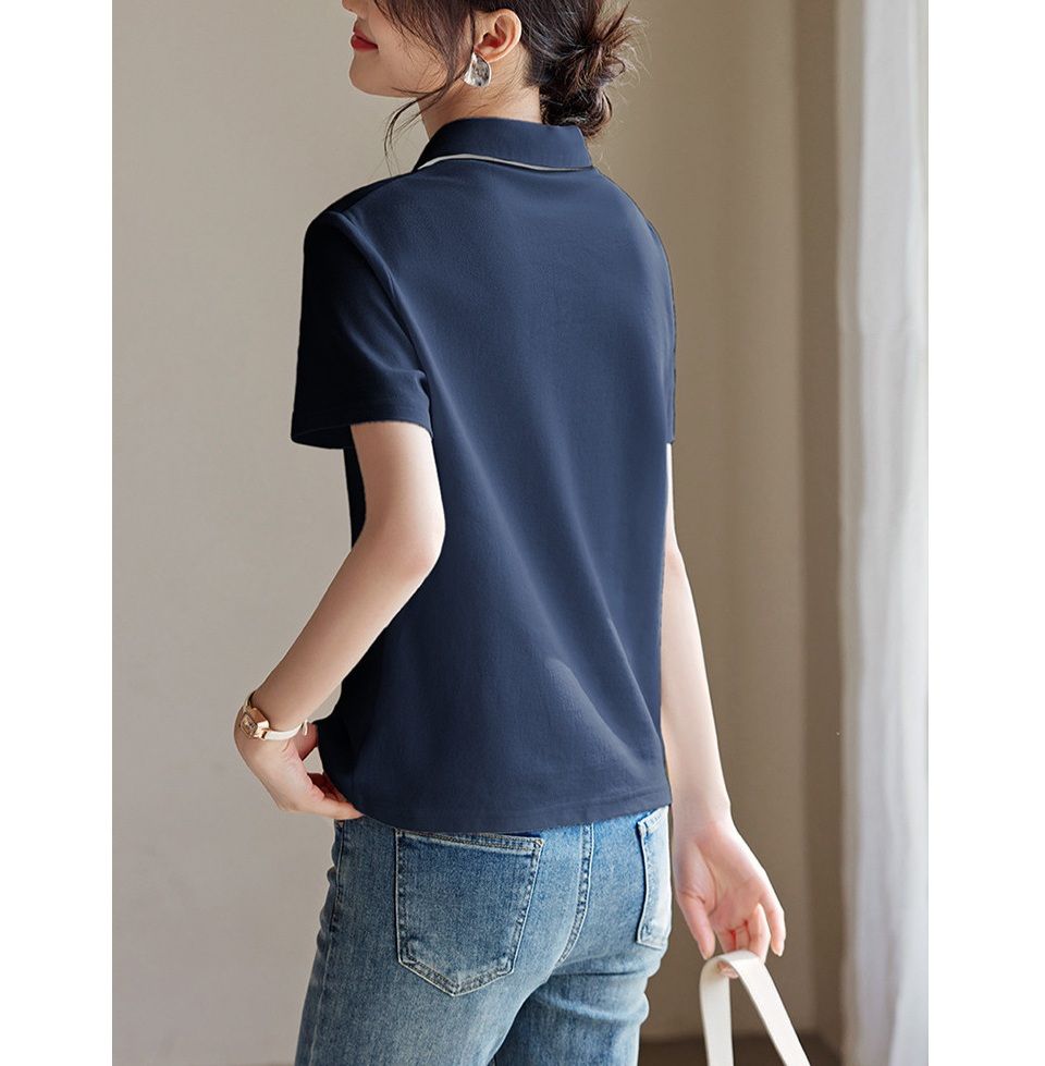 ポロシャツ レディース パイピング襟付き刺繍ワンポイントポロシャツ