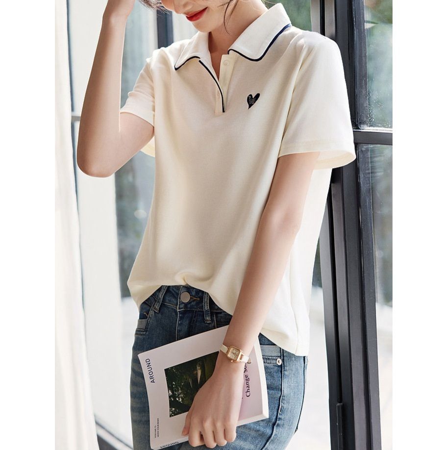 ポロシャツ レディース パイピング襟付き刺繍ワンポイントポロシャツ