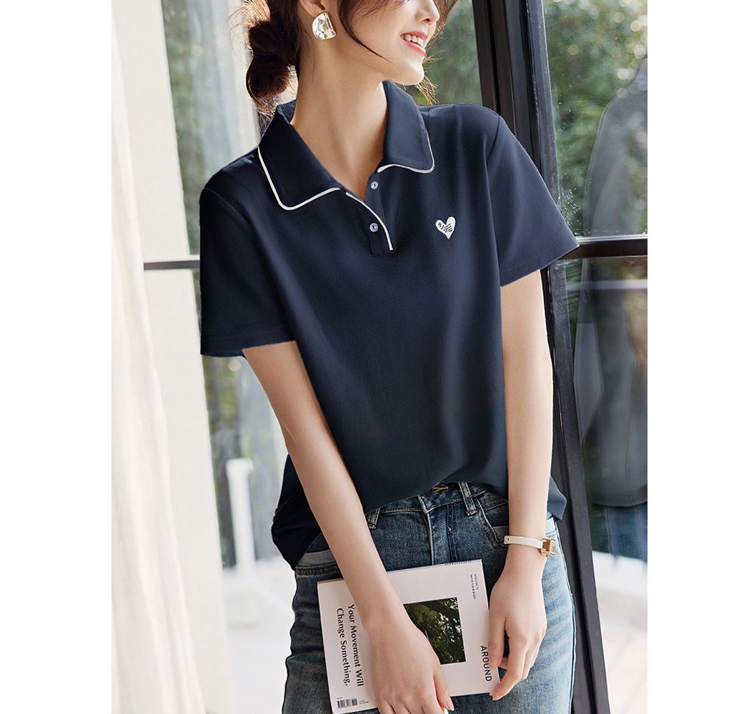 ポロシャツ レディース パイピング襟付き刺繍ワンポイントポロシャツ