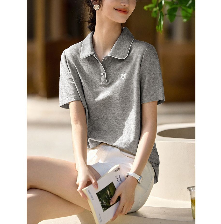 ポロシャツ レディース パイピング襟付き刺繍ワンポイントポロシャツ