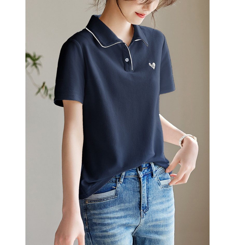 ポロシャツ レディース パイピング襟付き刺繍ワンポイントポロシャツ