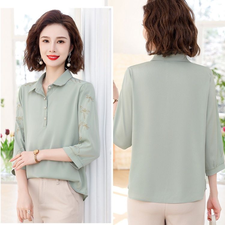 ポロシャツ レディース 花柄刺繍入り上品な襟付き