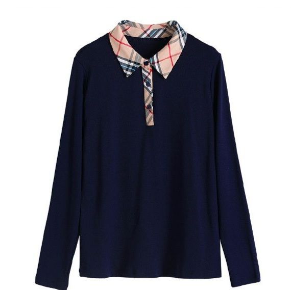 ポロシャツ レディース チェック柄襟デザイン上品長袖ポロシャツ