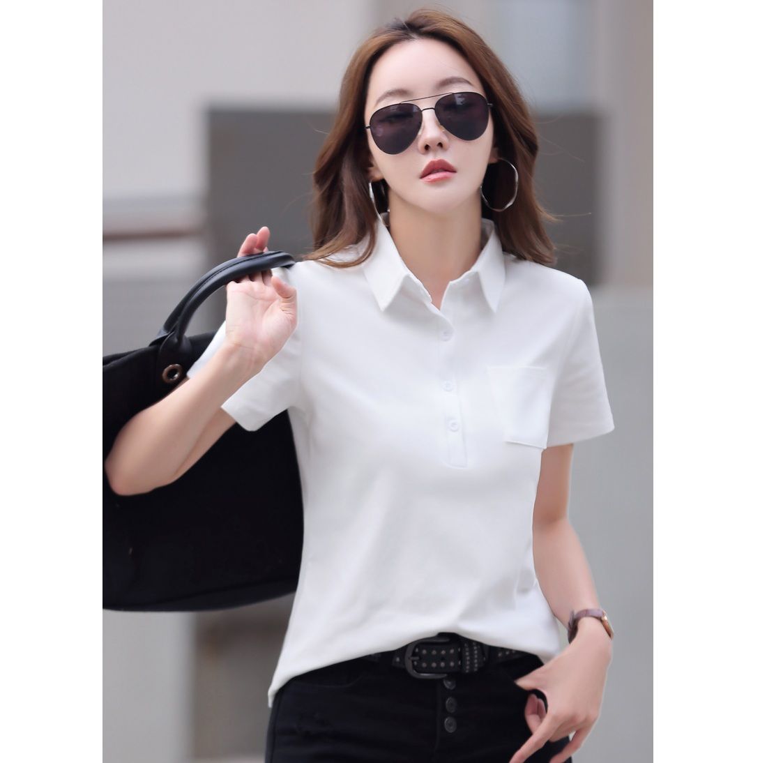 レディース ポロシャツ 上品な襟付き胸ポケット付きカジュアル半袖