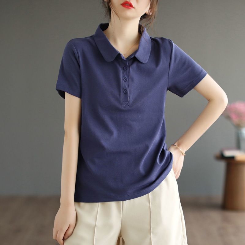 レディース ポロシャツ ベーシック襟付きシンプル半袖ポロシャツ