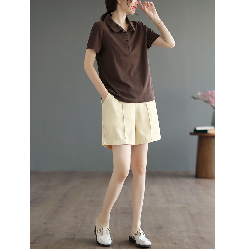 レディース ポロシャツ ベーシック襟付きシンプル半袖ポロシャツ