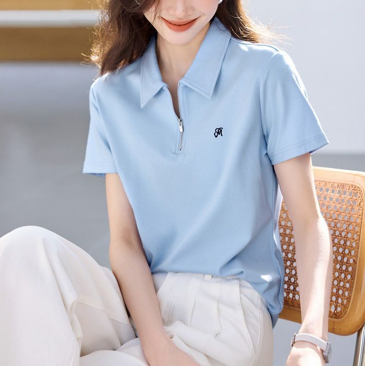 レディース ポロシャツ ジップアップ襟付きカジュアル半袖トップス