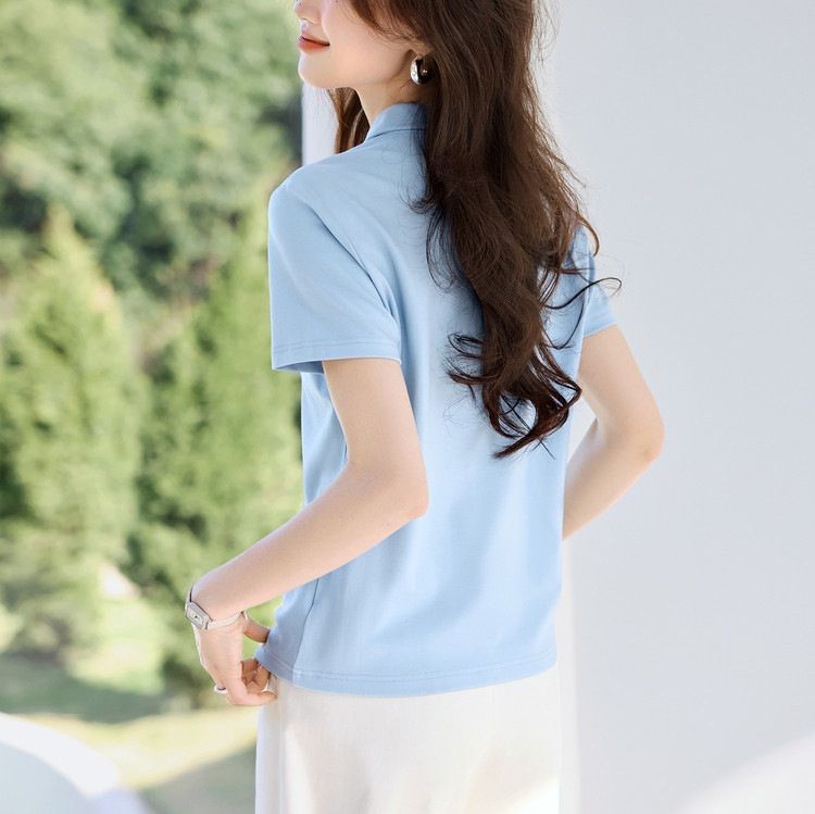 レディース ポロシャツ ジップアップ襟付きカジュアル半袖トップス