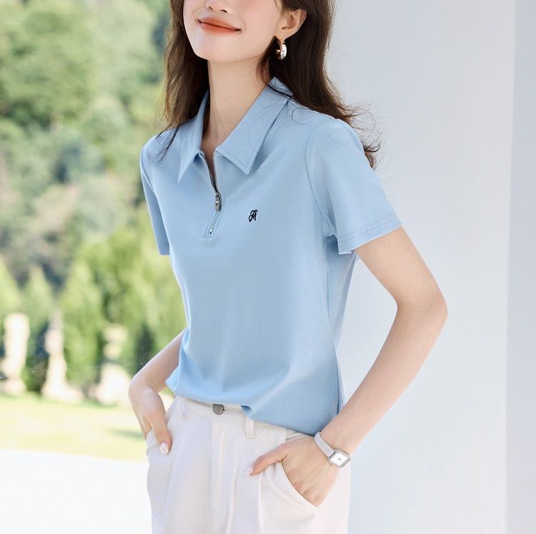 レディース ポロシャツ ジップアップ襟付きカジュアル半袖トップス