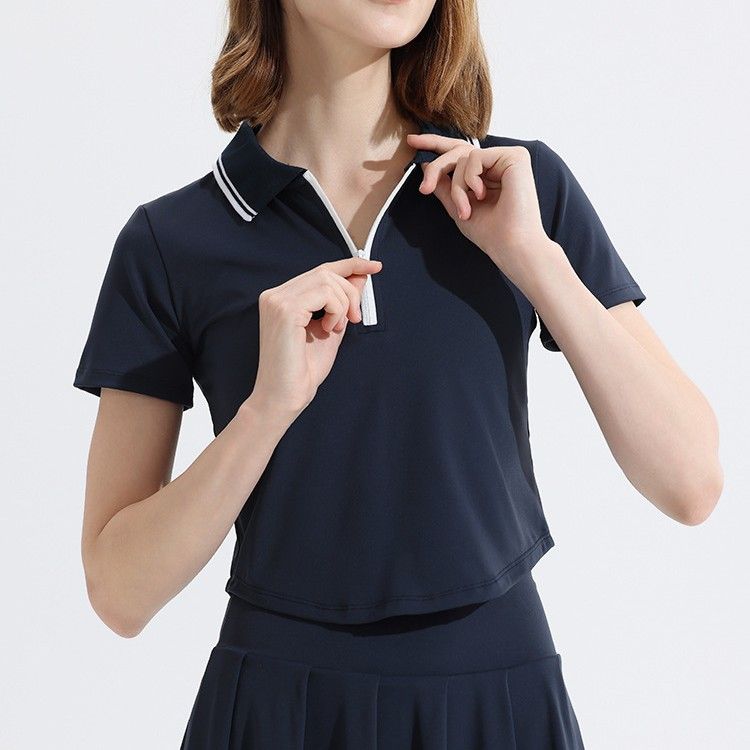 レディース ポロシャツ 襟配色ラインジップアップ半袖ポロシャツ