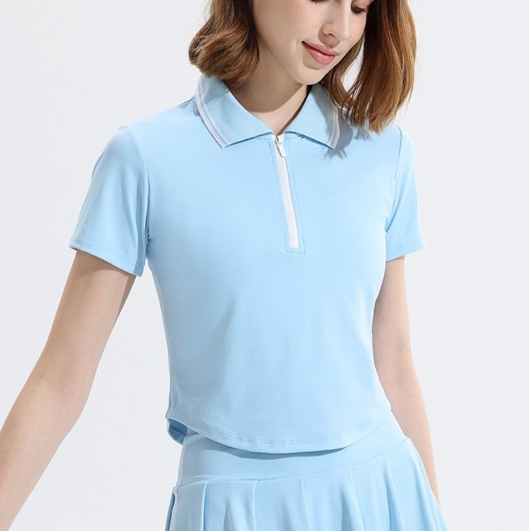 レディース ポロシャツ 襟配色ラインジップアップ半袖ポロシャツ