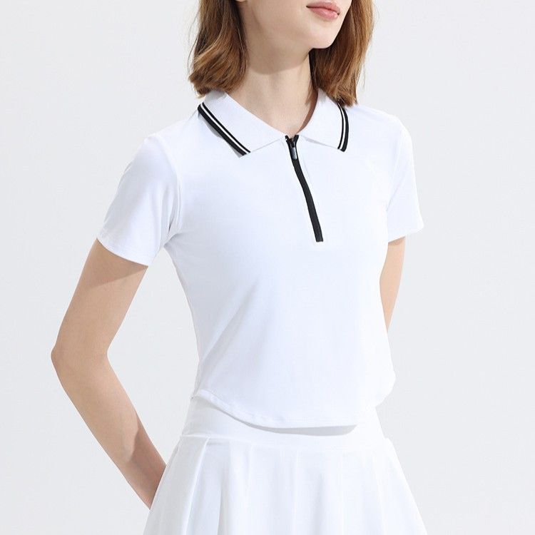 レディース ポロシャツ 襟配色ラインジップアップ半袖ポロシャツ