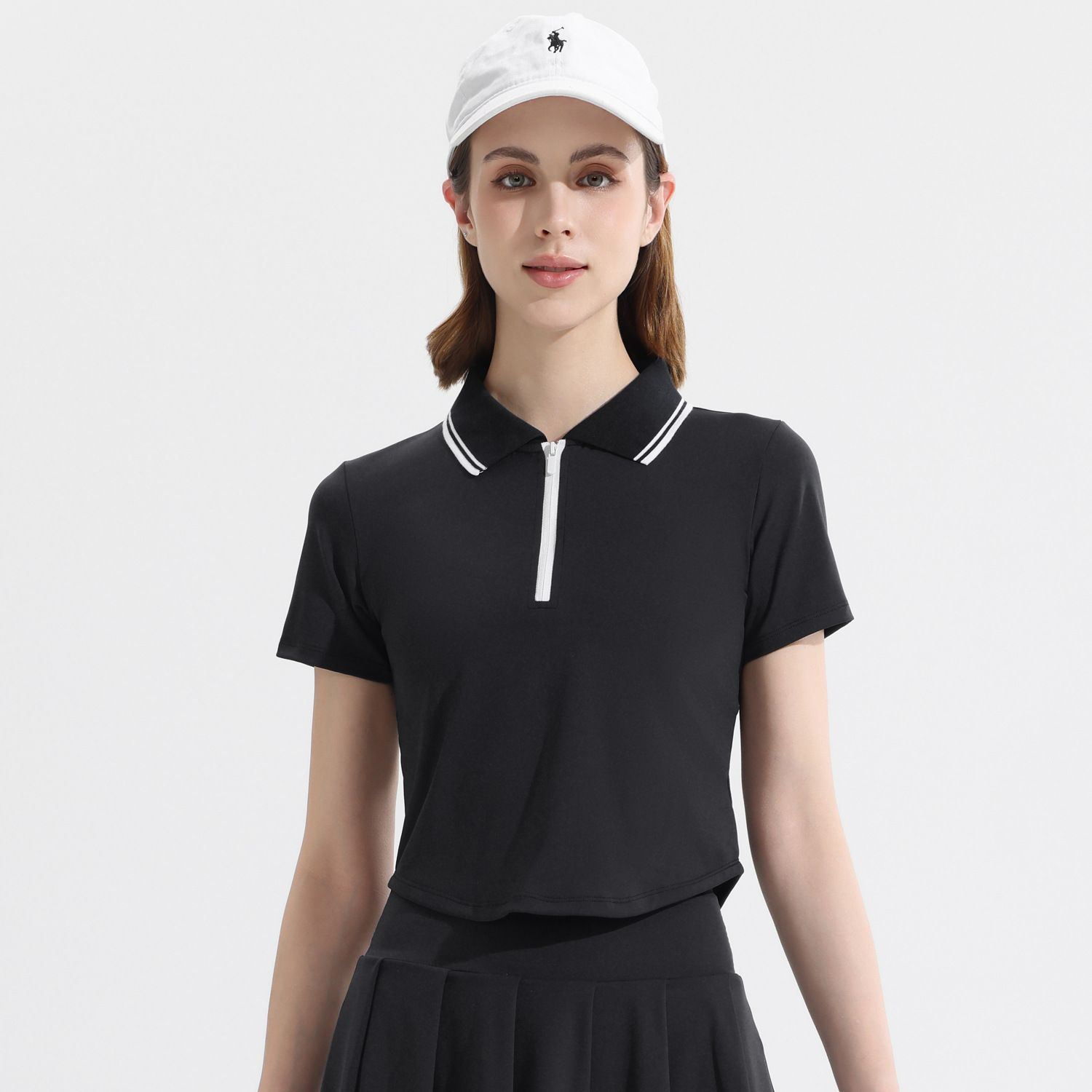 レディース ポロシャツ 襟配色ラインジップアップ半袖ポロシャツ