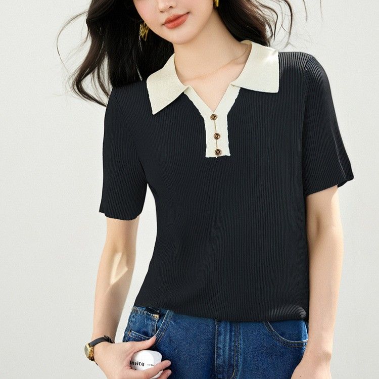 レディース ポロシャツ 配色襟リブニットポロシャツ