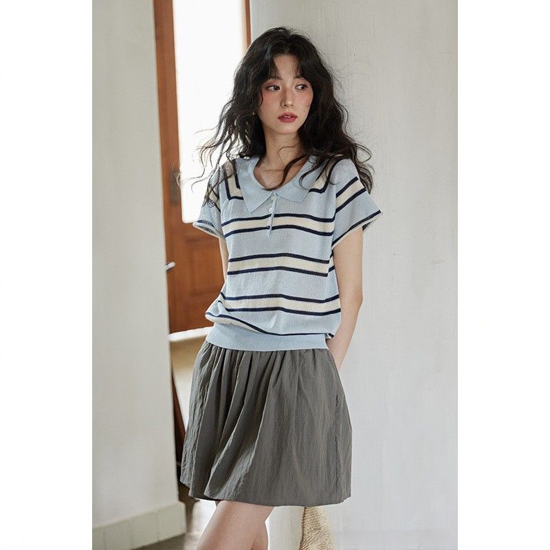 レディース ポロシャツ ニット素材ボーダー柄襟付き半袖トップス